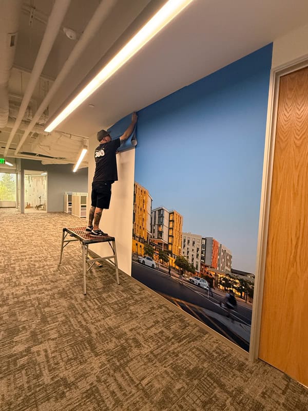 An installation of a wall graphic inside an office